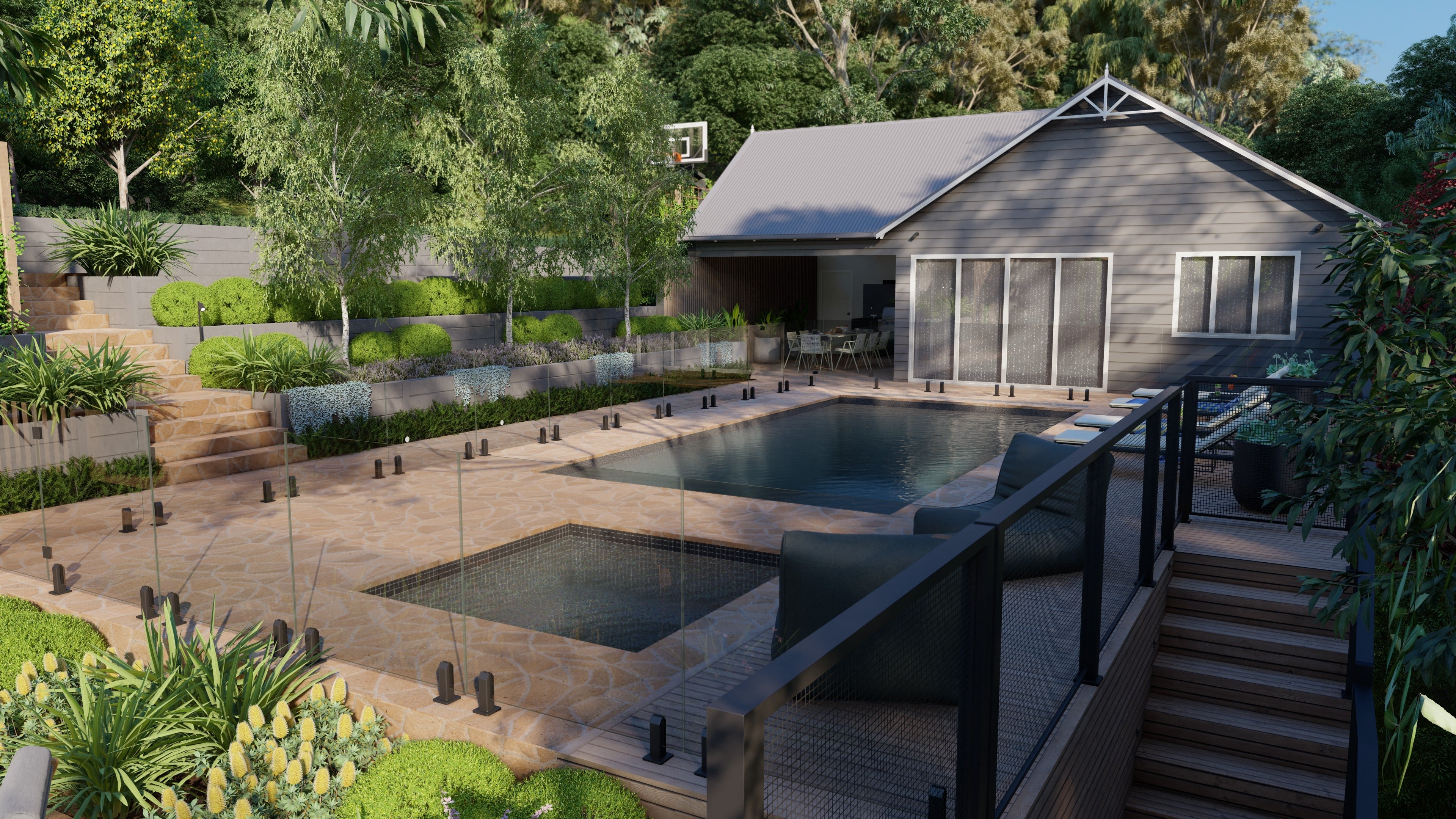 A stunning pool house and surrounding pool scape in a country landscape setting