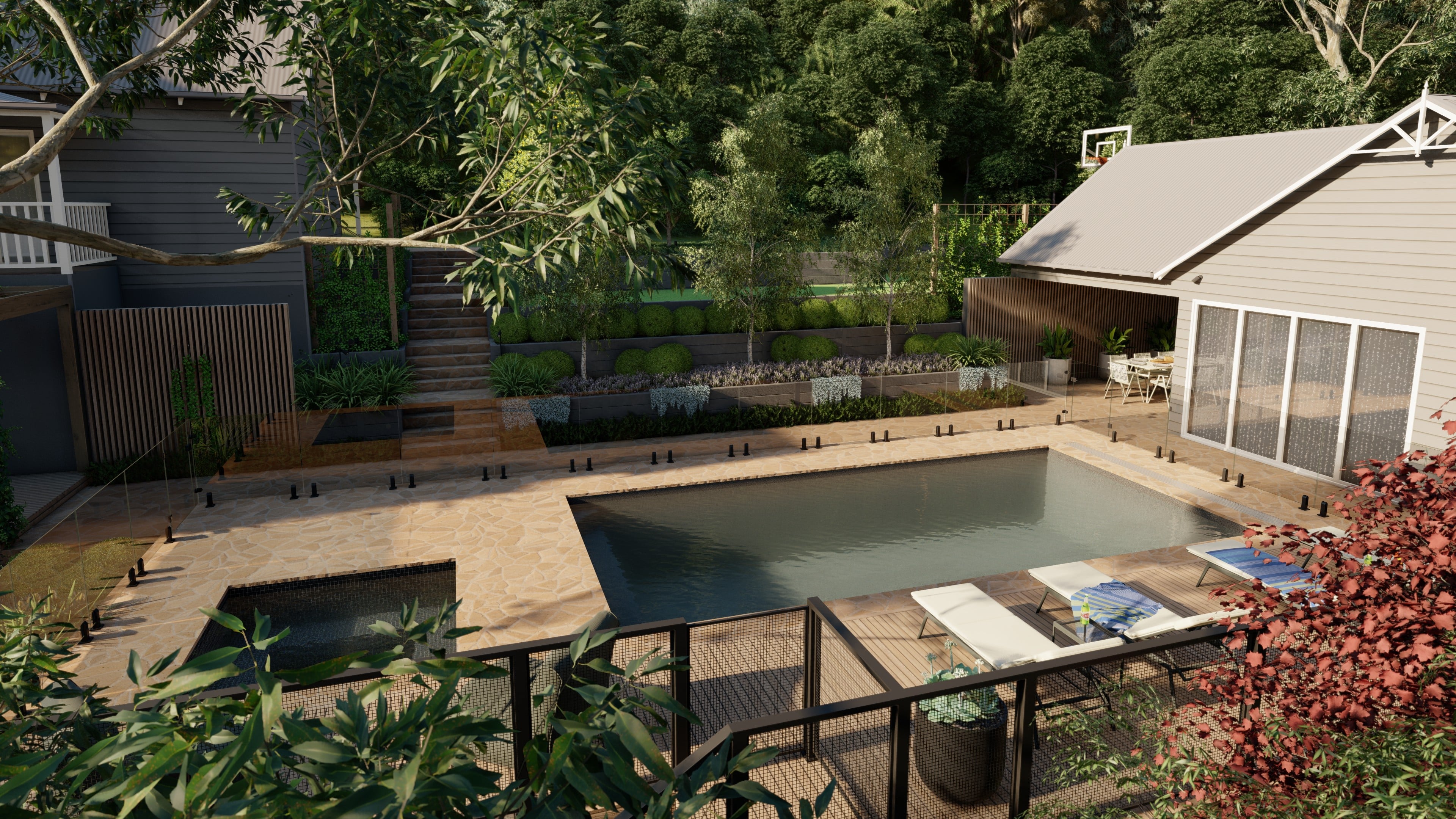 A large family pool and seperate spa surrounded by a lush landscape.