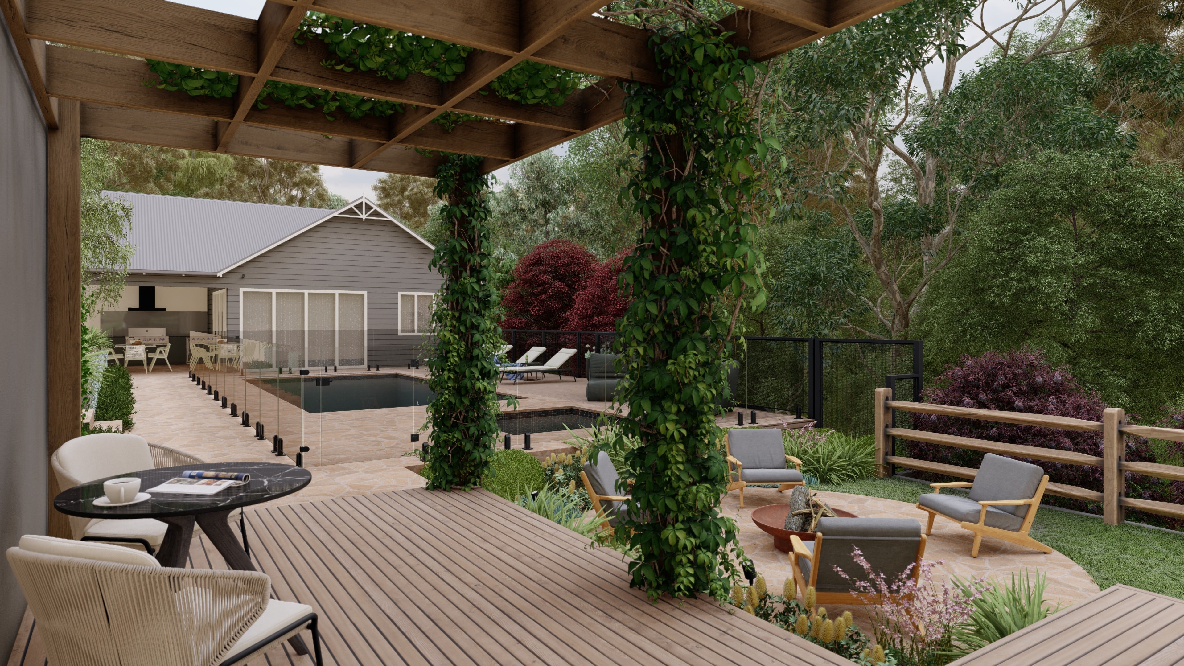 A pergola that overlooks the pool and fire pit in this lucious country garden setting