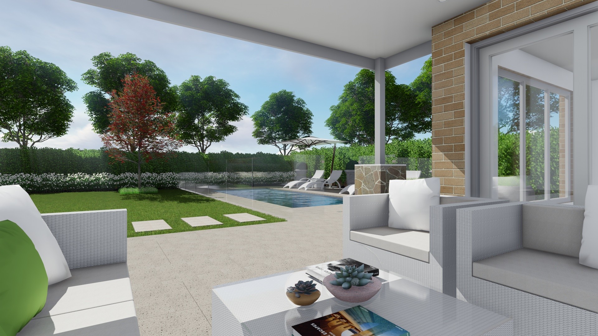 contemporary garden design around a swimming poo